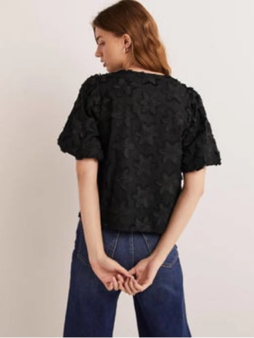 Boden Black Floral Appliqué V-Neck Top
